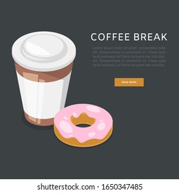 Coffee break or breakfast vector cartoon poster illustration. Coffee time, early good morning english breakfast with donut poster for cafe or street food counter.