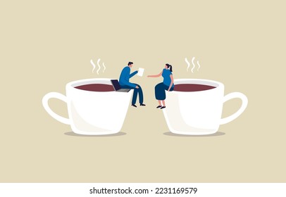 Discusión de negocios de descanso para café. Empresario y colega con descanso para el café. Ilustración