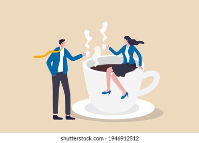 Coffee break, business discussion while having coffee or brainstorming after meeting break concept, businessman and businesswoman colleague take a break having coffee and have a chat.