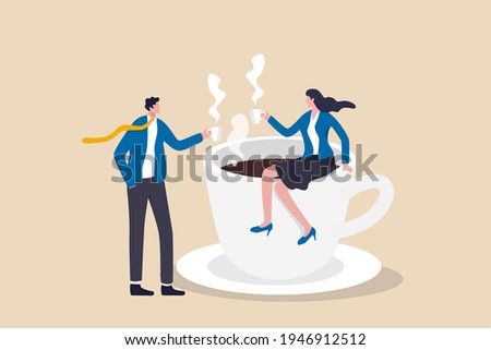 Coffee break, business discussion while having coffee or brainstorming after meeting break concept, businessman and businesswoman colleague take a break having coffee and have a chat.