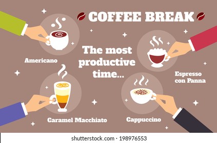 Coffee break business hands with espresso cappuccino cups vector illustration