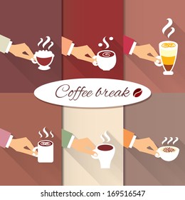 Coffee break. Business hands offering hot aroma drinks of espresso cappuccino and macchiato icons set vector illustration
