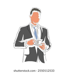 Pausa de café, hombre de negocios en traje que sostiene la taza de café, ilustración de dibujo de Vector aislado sobre fondo blanco