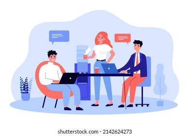 Coffee break of business people sitting at table with laptops. Male and female employees working in office flat vector illustration. Meeting concept for banner, website design or landing web page