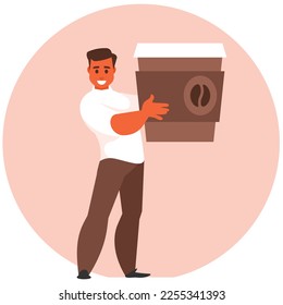 Coffee break. Businessman holding huge coffee or tea cup. Vector graphics