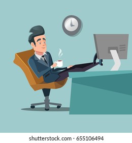 Coffee Break. Businessman Relaxing at Office Work. Vector Character illustration