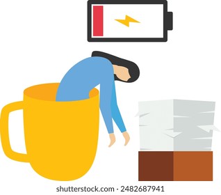 Coffee Break, Businesswoman tired, lost energy concept. recharge. Relieve stress caused by drinking coffee. A businesswoman or employee sleeps in a large coffee cup