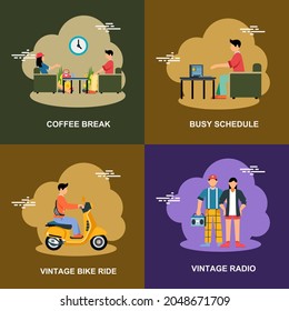Coffee break, busy schedule, vintage bike ride, vintage radio listening flat concept collection design set