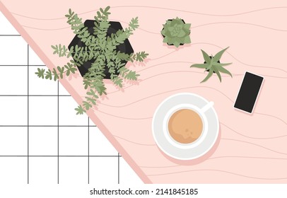 Coffee Break In Cafe. Coffee Cup On The Pink Table. Top Down View. Working From Home. Phone, Flower Pots And Coffee Cup. Flat Cartoon Vector Illustration. Isolated White Background.