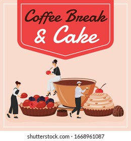 Descanso del café y tarta en las redes sociales, maquillaje. Frase motivacional. Plantilla de diseño de banner web. Coffeehouse, diseño de contenido con inscripción. Cartel, anuncios impresos e ilustración plana