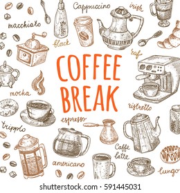 Coffee break card. Hand drawn vector illustration. Maker, cup, pot, mug, donut, croissant, grinder, sugar, mill and other. Can be used for menu, bar, shop, cafe, restaurant, banner, poster, placard.