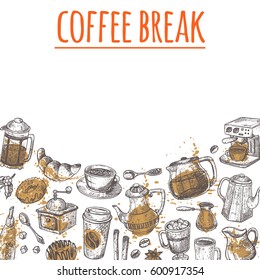 Coffee break card. Hand drawn vector illustration. Watercolor splash. Maker, cup, pot, mug, donut, croissant, grinder, sugar, mill and other. Can be used for menu, bar, shop, cafe, restaurant, banner.