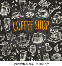 Coffee Break Card. Hand Drawn Vector Illustration On The Chalkboard. Maker, Cup, Pot, Mug, Donut, Croissant, Grinder, Sugar, Mill. Can Be Used For Menu, Bar, Shop, Cafe, Restaurant, Banner, Poster