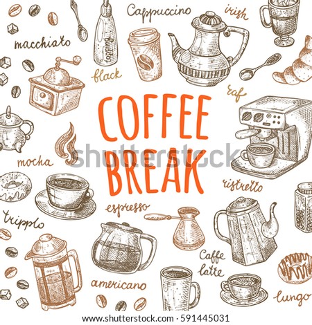 Coffee break card. Hand drawn vector illustration. Maker, cup, pot, mug, donut, croissant, grinder, sugar, mill and other. Can be used for menu, bar, shop, cafe, restaurant, banner, poster, placard.