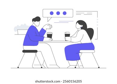 Coffee break. Characters Together in Loft Coffee Shop Date. Drinking Coffee. Woman and Man Meeting and Talking in Coffeehouse or Cafe. Flat Cartoon Vector Illustration, icon. Stylish abstract Blue  