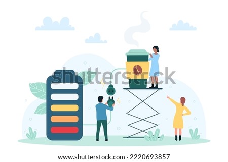 Coffee break to charge battery vector illustration. Cartoon tiny people recharge huge low battery with hot energetic caffeine drink connected with wires, plug and socket, need inspiration for job