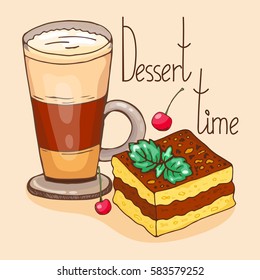 Coffee break.  Cocoa and tiramisu. Vector illustration