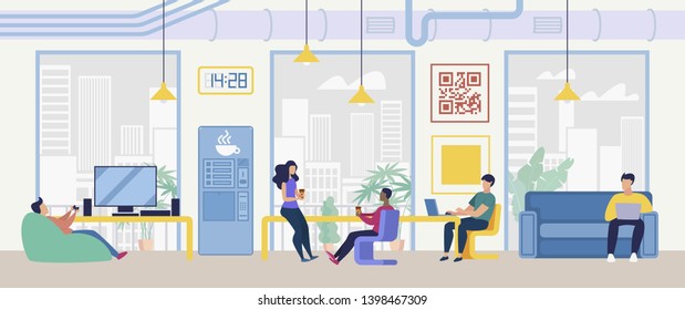 Coffee Break in Company Office Flat Vector Concept. Colleagues Drinking Coffee, Playing TV Games, Talking at Work, Freelancers Working and Resting Together in Coworking Center Office Illustration