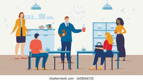 Coffee Break in Company Office, Lunch at Work, Employees Communication Concept. Businesspeople Characters, Office Workers Team Drinking Coffee, Talking About Work Trendy Flat Vector Illustration