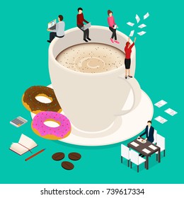Coffee Break Konzept 3d Isometric View Hot Morning Drink mit Coffein Cup Latte, Cappuccino oder Espresso und Donut. Vektorgrafik