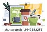 Coffee break concept. Aroma and beverage. Hot drink in ceramics mug or cup. Cappuccino, Americano and Expresso. Cafe or restaurant. Cartoon flat vector illustration isolated on white background