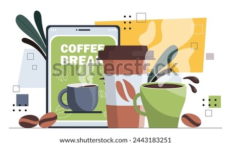 Coffee break concept. Aroma and beverage. Hot drink in ceramics mug or cup. Cappuccino, Americano and Expresso. Cafe or restaurant. Cartoon flat vector illustration isolated on white background