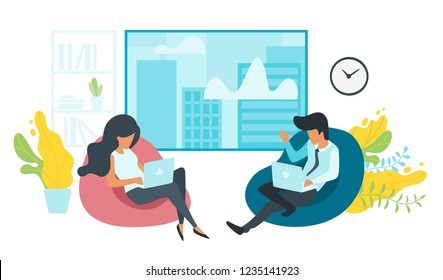 Coffee break concept with business people working with laptop and sitting on a Bean bag. Social networking concept. Modern office illustration. Minimalism design with people silhouettes.