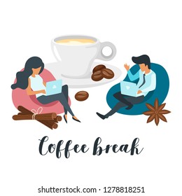 Coffee break concept with business people working with laptop and sitting on Bean Bag. Social networking concept. Modern office illustration. Minimalism design with people silhouettes and beverage cup