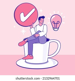 Coffee break concept. Businessman office worker character sitting in coffee cup. Take away business. man spending time or relaxing. enjoy free time. Vector outline illustration.