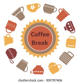 Coffee Break concept. Circle label. Cold colors. Cups and mugs, seal with text.