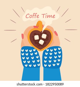 El concepto de descanso para café. Taza de café en las manos. Ilustración vectorial para afiches, página web, banner.
