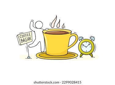 El concepto de descanso del café con bebida en taza, reloj y personaje de garabato. Desayuno o pausa para comer en la oficina con té en la taza y persona trabajadora, ilustración de vector dibujada a mano