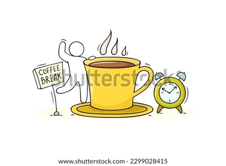 Coffee break concept with drink in cup, clock and doodle man character. Breakfast or pause for eat in office with tea in mug and worker person, vector hand drawn illustration