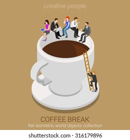 Coffee break concepto planas 3d web vector infográfico isométrico. Empresarios informales sentados en la enorme taza de café. Hombre subiendo la escalera. Colección de personas creativas.