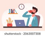 Coffee break concept. Man sits in front of laptop and drinks from mug. Energy replenishment concept. Character very tired at work. Little pause, rest, workflow. Cartoon flat vector illustration