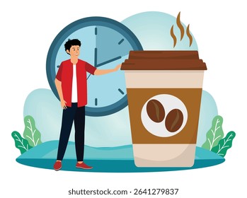 Coffee break concept. Man standing beside an oversized coffee cup, symbolizing morning routines, productivity, and coffee culture, with a clock and outdoor elements.