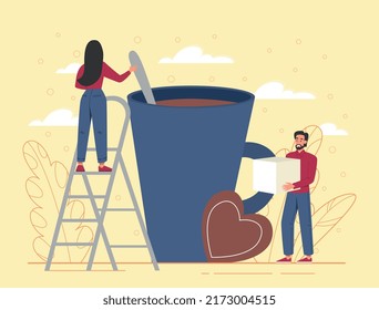 Coffee break concept. Man and woman near large mug with hot drink. Morning rituals, employees relax together after work. Tea in cup with sugar, break, freshness. Cartoon flat vector illustration