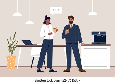 Coffee break concept. Man and woman in office with hot drinks in their hands, tea. Employees and colleagues relax and discuss work projects. Poster or banner. Cartoon flat vector illustration