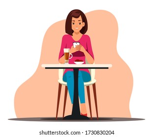 Coffee break concept. Smiling girl sits at table in cafe, relaxing in cafeteria. Woman chatting in smartphone online, drinking beverage, eating cookies at restaurant. Vector character illustration