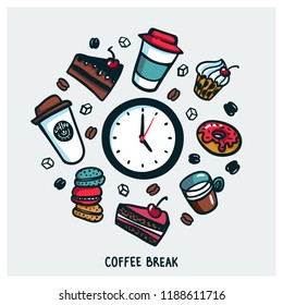 Coffee break concept. Time for a coffee break. Colorful doodle style cartoon set of objects and symbols on coffee time theme. Coffee cups and sweets on light background. Vecror illustration.