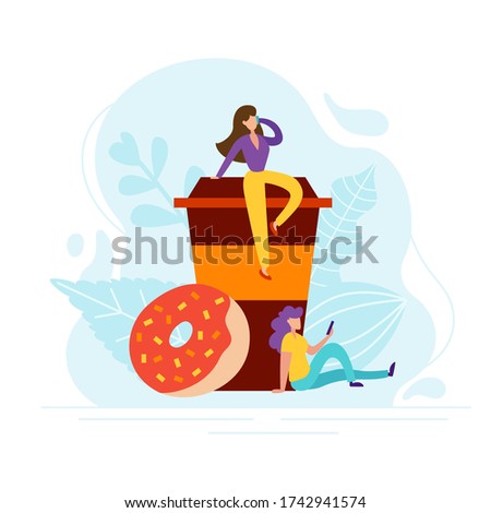 Coffee break concept with tiny people, cup and donuts in flat style. Good morning illustration for cafe card, menu, print. Creative lunch vector poster.