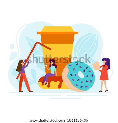 Coffee break concept with tiny people, cup and donut in flat style. Good morning illustration for cafe card, menu, print. Creative lunch vector poster