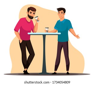 Coffee Break Concept. Two Men Stand At Table In Cafe, Relaxing In Cafeteria. Friends Or Colleagues Meeting In Bistro, Drinking Beverage, Communicate, Pastime Together. Vector Character Illustration