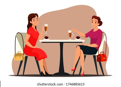 Coffee break concept. Two women sit at table in cafe, drinking beverage, eating dessert . Friends or colleagues meeting, talking, relaxing, pastime together in cafeteria. Vector character illustration