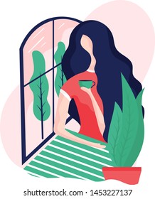 Coffee break concept vector illustration.The girl sitting at the window with a Cup of coffee and looking out the window.The girl coffee break at lunchtime.Flat style design