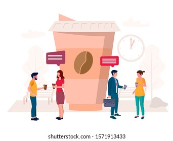 Coffee break concept vector illustration. Huge takeaway coffee cup and micro male and female characters with coffee to go communicating, discussing something etc.