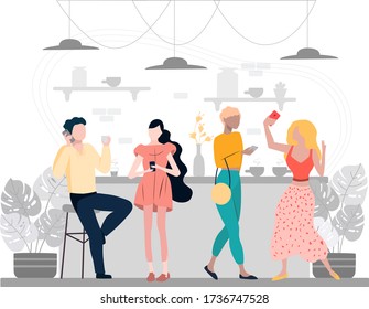 Coffee break concept vector illustration. Group of business people with phone in their hands drinking coffee in the cafe.Vector illustration