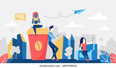 Coffee break concept vector illustration. Cartoon business people have rest in office, using mobile phone for networking during break time, big coffee cup and tiny colleague characters background