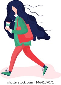 Coffee break concept vector illustration.Girl walks quickly with coffee in hand.Flat style design. Vector illustration, poster and banner