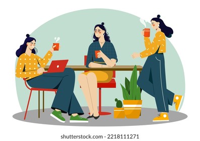 Coffee break concept. Women with mugs of hot drinks near table. Workers and colleagues resting. Girlfriends chat in cafe or restaurant. Poster or banner for website. Cartoon flat vector illustration